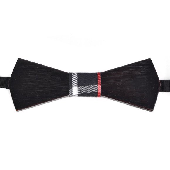 Men's Wooden Bow Tie, Black Plaid Fabric Center - Picture 1 of 8